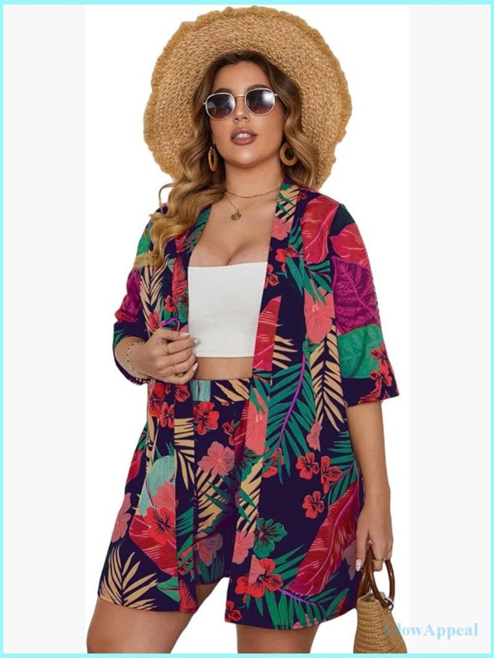Plus Size 2 Piece Tropical Print Kimono Top & Shorts Set